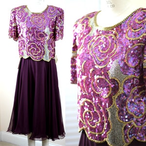 Sz 10//Deadstock 2pc Gold Sequin Top Chiffon dress// Vintage Beaded  Dance Dress