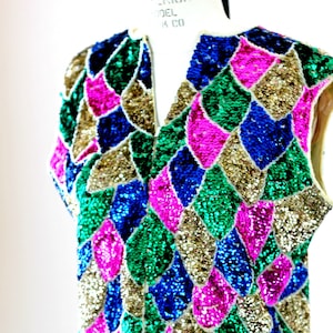 Sz 14//1960s Mod Sequin Sleeveless Top Vest//Colorful Wool & Sequins