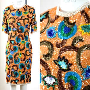 Sz S// Heavily Beaded  Embellished Sequin Dress// Rare and unique vintage dress