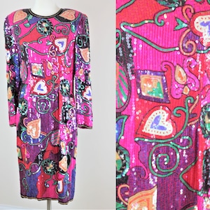 Sz M//Funky Fuchsia Vintage Judith Ann Creations Dress// Hearts Sequins beads
