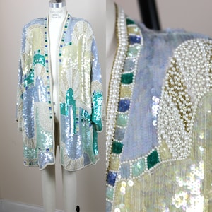 Sz M//Art Deco Outstanding Beaded Sequined Coat//Vintage Judith Ann Oversized Duster//Amazing Shell Design
