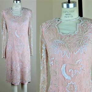 Sz 10// Beautiful Vintage Pale Pink Beaded Dress//Sheer neck with stunning white sequin and bead pattern