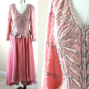 Sz 10//Pink Victoria Royal Ltd Heavily Beaded Renaissance Style Dress//Silk Chiffon Sequin Gown