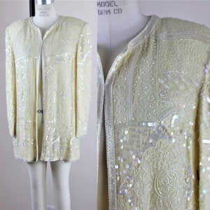 Sz L//Ivory Sequin Beaded Long Jacket//Vintage Judith Ann Tunic Jacket