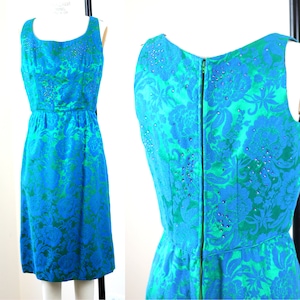 Sz S// 1960s Jacquard Rhinestone Dress // Blue Green - Etsy