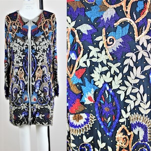 Sz S//Long Beaded Jacket// Sequin Embellished duster style
