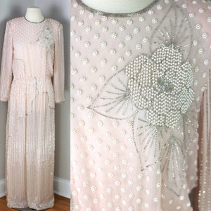 Sz S//Hand beaded Couture//Vintage Judith Ann Blush Pink Dress//Silk Pearl Beaded