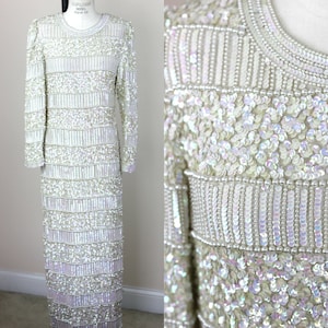 Size M//GLAM Sequin and Pearl Hand Beaded White Gown//Vintage Wedding Gown//Iridescent Long Dress