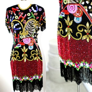 Size S//Stunning Heavily Beaded Naeem Khan Riazee// Sequin Jeweled Dress// Beaded Fringe Flapper Dress