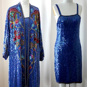 Sz L//Blue Sequin Duster Coat & Dress Set // Beaded 2pc// Judith Ann Creations