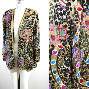 One Size// STAGE Heavily Beaded Embellished Long Jacket//Amazing Animal Print with Sequins Beads Jewels