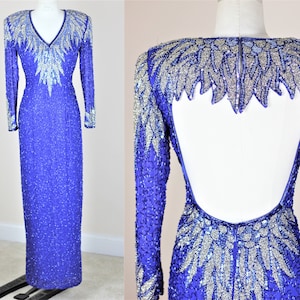 Sz 6// Formal Hanukkah Dress// Beaded frosted Silver Blue gown// Long beaded sequins