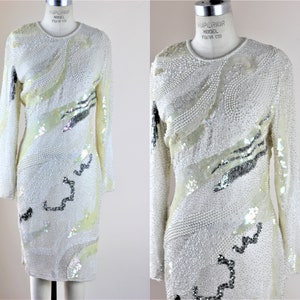 Sz 10//Vintage White Sequin Beaded with Pearls Silk Dress//Vintage Bridal Long Sleeve Dress