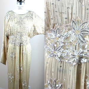 Size M//Stunning Blouson Champagne Silk Beaded Wedding dress// Vintage sequins//Gown