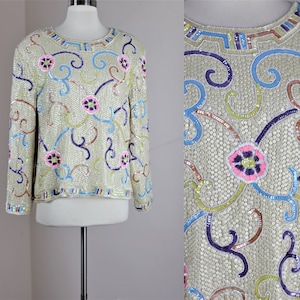 Sz L// Vintage Sequin Cream Top With Pastel Floral Design//Long Sleeve Formal Top
