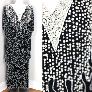 Sz P//Stunning Pearl Beaded Silk Sequin Kimono//Black and White Batwing Long Gown//Gatsby Vintage Dress