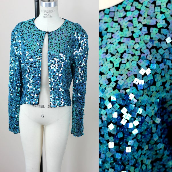Size 10// Square Turquoise Paillette Sequin Jacket//Fabulous color!