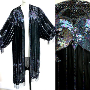 One Size//Gatsby Style Silk Fringe Coat//Long Flapper Black Sequin Jacket