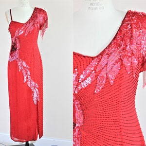 Sz 8// One Sleeved Red Beaded Floral Patter Sequin Gown// Formal long dress