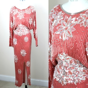 Size M//Outstanding Coral silver beaded sequined dress//  Wedding// Judith Ann Creations