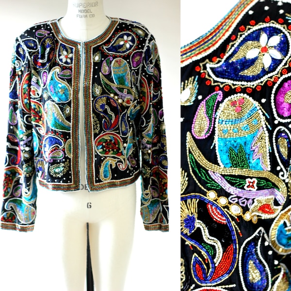Sz M//Stunning Judith Ann Beaded Sequin jacket// Jeweled Paisley Cropped Bolero