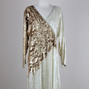 Sz L// Vtg Long Gold Ivory Sequin Gown// Sequence Sequin Beads V neck long sleeve