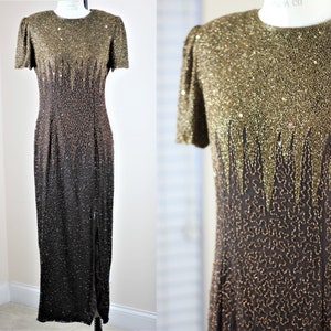 Sz M// Vtg Brown Sequin Long gown// Modest silk beaded clothing