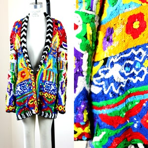 Sz XL//Bold Neon Glam Sequin Jacket//Heavily Sequined Beaded Long Jacket//Abstract Neon Colors