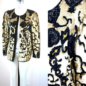 Sz Medium//Gold sequin beaded jacket// black & Gold Formal