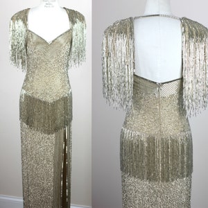 Sz 4 // Couture Gold Fringe Perlen Kleid // Vintage Pailletten Trophy Kleid // Gatsby Hochzeit