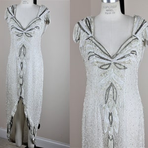 Sz M// Hi Low 1980s Gown//White Beaded Sequin off the shoulder Dress