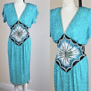 Sz M// Stunning Teal Blue Beaded Blouson Dress//80&#39;s Glam Lillie Rubin Sequin Dress