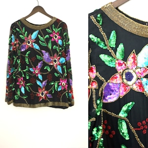 Sz M//Vintage Pink and Blue Floral Sequin Top//Silk Beaded Gold Sequin Top//Formal Vintage Top