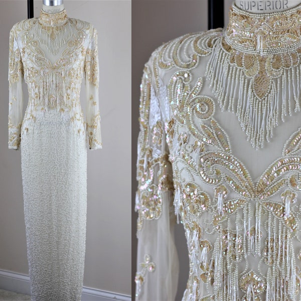 Sz 6// Cassini Vintage Beaded wedding gown// Fringe beaded Victorian Style