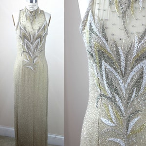 Size S// Hand Beaded Gown//Sequin silver ivory gold w jacket// Halter style //Wedding