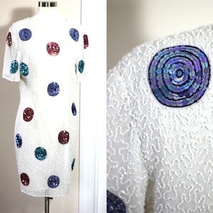 Sz 8//Vintage Novelty Sequin Dress//White Beaded Dress with Swirly Colorful Dots