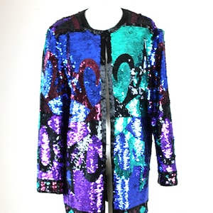 Sz XL// Black Tie Vintage Sequin Beaded Long jacket// Hearts and jeweled colors