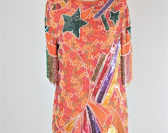Sz M//Funky Sequin Flapper 80s Glam Beaded Dress//Vintage Orange Stars and Fringe Sequin Dress
