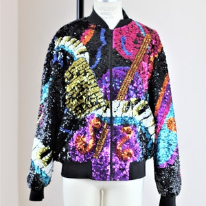 Sz S// Brightly Colored Sequin Music Bomber Jacket// Funky Unisex// Piano man