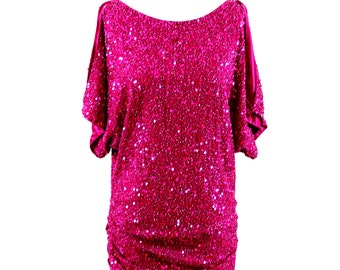 Sz 0//Fun & Fabulous Fuschia Pink Sequin Dress//Cold Shoulder Ruched Party Dress