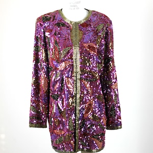 Sz M// Decadent Sequin Beaded Coat Jacket//Vintage Long jacket
