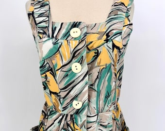 Sz M//Vintage 90s Tropical Print Dress//Victoria and Albert Square Neck Button Front Sundress//Palm Leaf Midi Dress