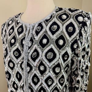 Size S//Vintage Art Deco Diamond Beaded Silk Jacket/80s Black & Silver Sequin Jacket// Party Glam