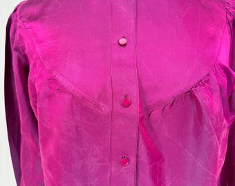 Sz M//Vintage Christian Dior Blouse 1970s 1980s Prêt-à-Porter//Fuchsia Jewel Tone Bishop Sleeve High Collar Designer Top