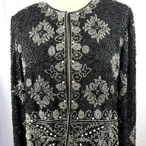 Size Petite Large//Black Beaded Silk Evening Jacket//Papell Boutique Beads and Pearls
