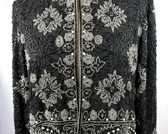 Size LP//Black Beaded Silk Evening Jacket//Silver Beads and Pearls