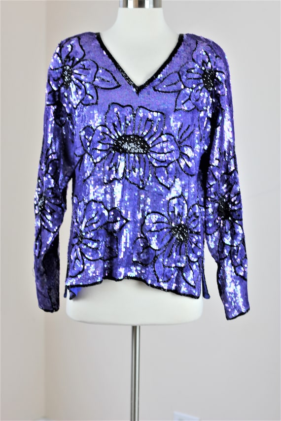 Sz L// Vintage sequin top// Silk sequin beaded pu… - image 2