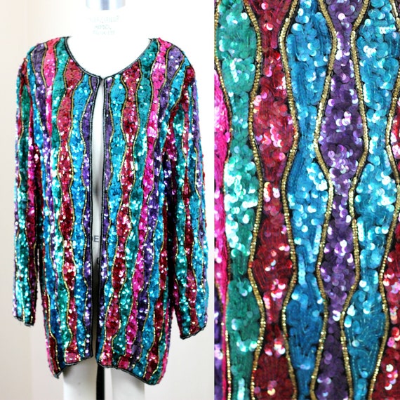 Plus Size 1x//stunning Colorful Sequin Duster Jacket// Heavily