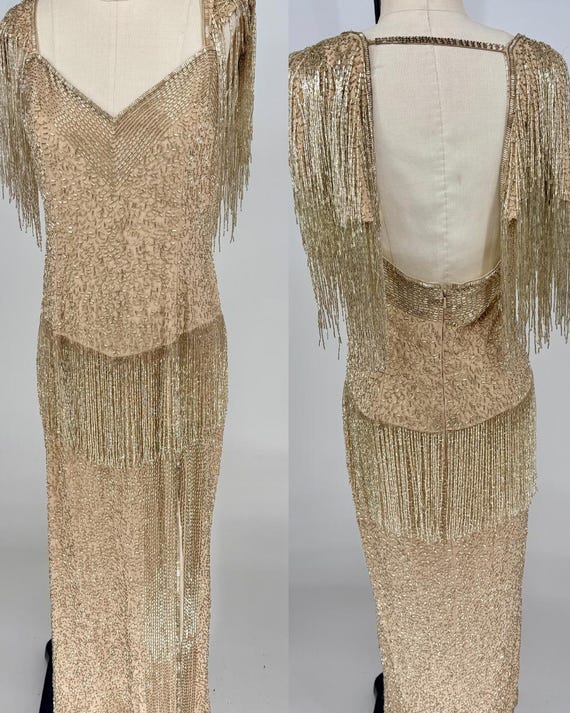Size 10//champagne Silver Fringe Showstopper Gown//flapper-inspired Beaded Dress - Etsy Size 10//champagne Silver Fringe Showstopper Gown//flapper-inspired Beaded Dress - Etsy
