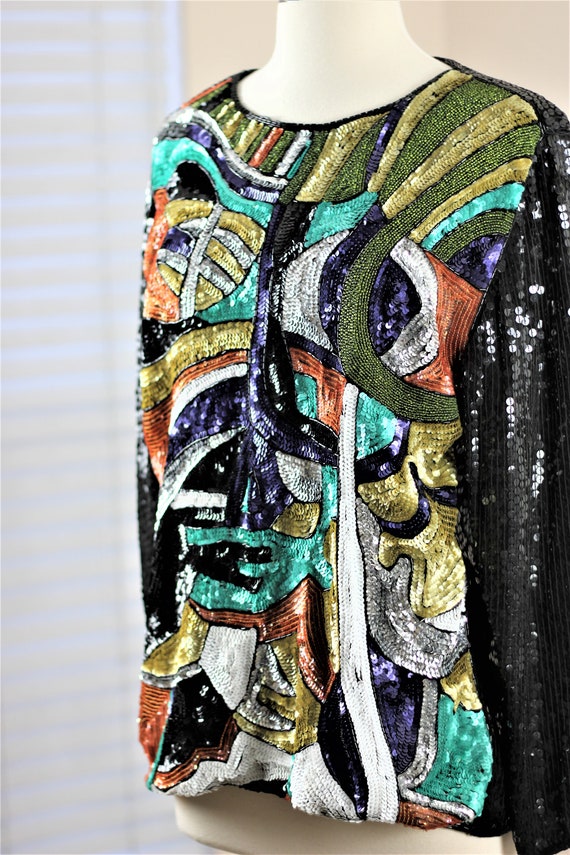 Sz L//Modern Art Abstract Sequins Face Top// Sequ… - image 7